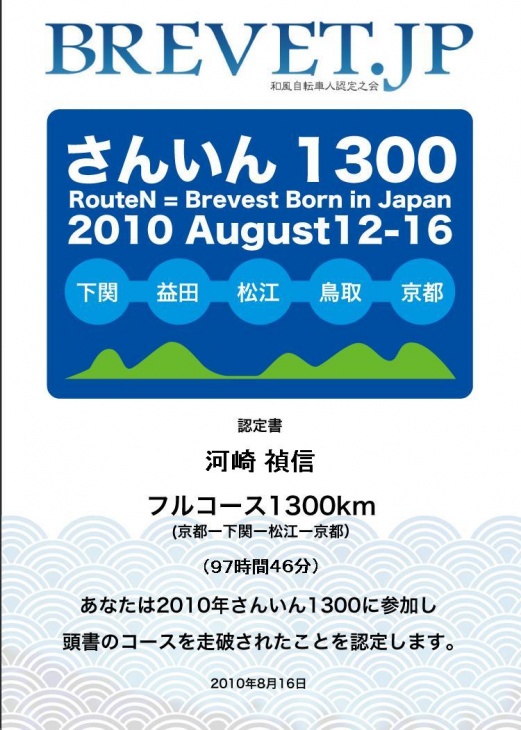 さんいん1300の完走証明書