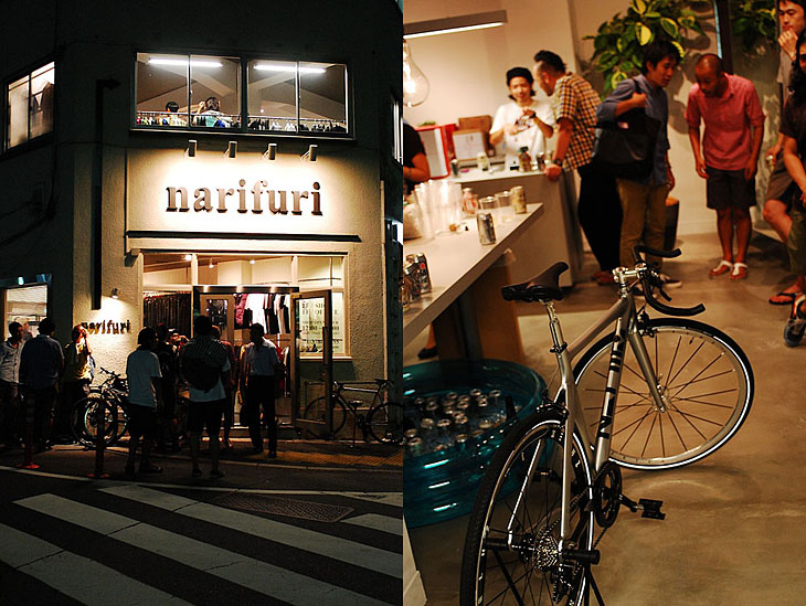 ショップ　プレオープンの模様（右）と、narifuriが手がけた自転車、HELMZ（左）