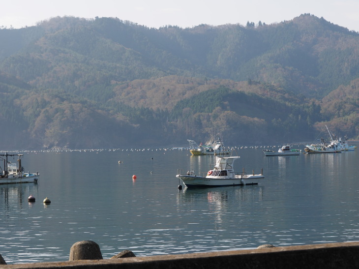 穏やかな海に静かに漁船が浮かぶ