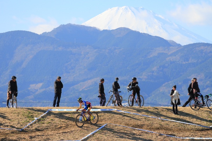 遠景にぽっかりと浮かぶ富士山の冠雪の頂