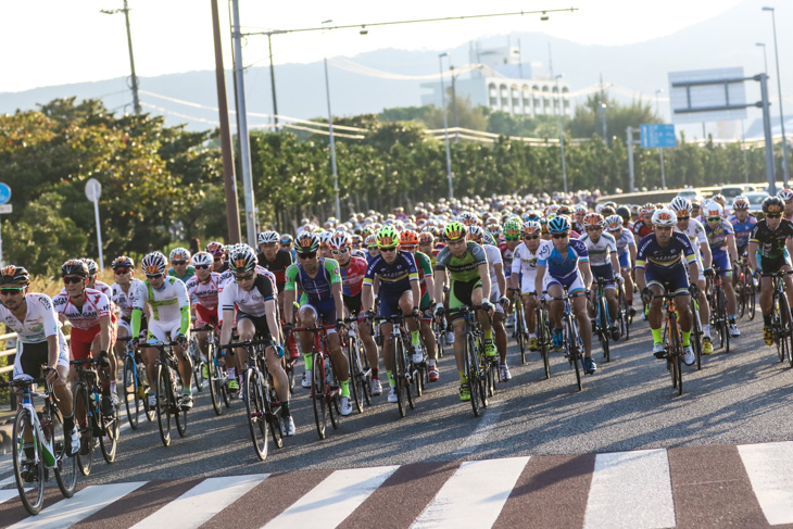 朝陽を背に浴びながら名護市街を走り出していく市民210kmの選手たち