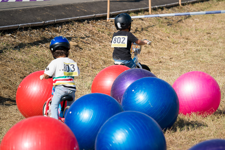 バランスボールの森を駆け抜ける子供たち