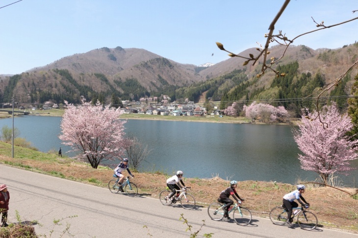 桜も咲いていた中綱湖の湖岸を走っていく