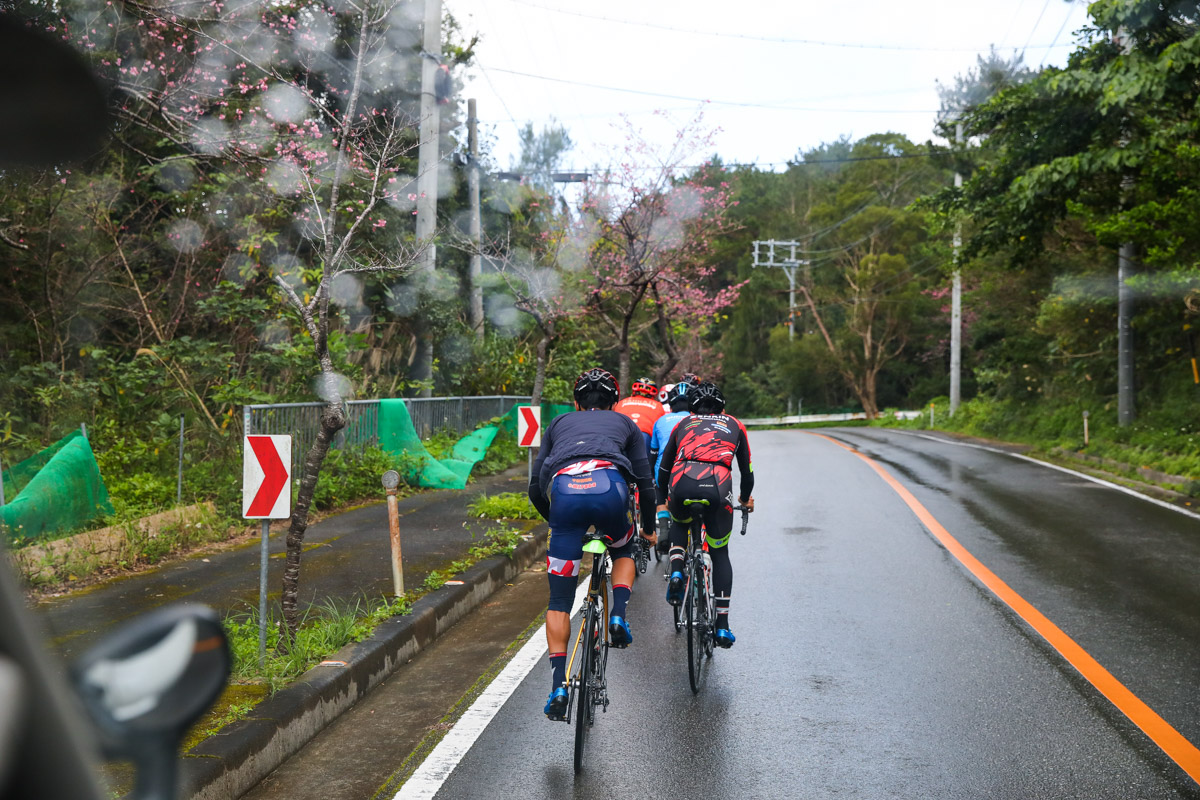 雨で濡れた沖縄北部を走る