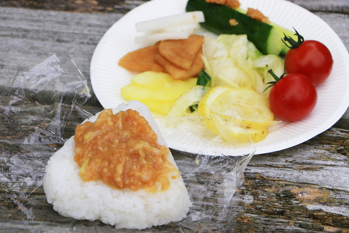 ネギ味噌おにぎりと漬け物で昼食としよう