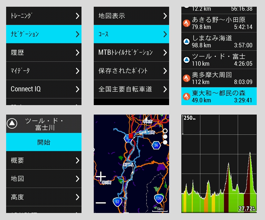 トップページ＞メニュー＞ナビゲーション＞コース＞任意のコース＞開始　／　地図や高度でルートの情報を確認することができる