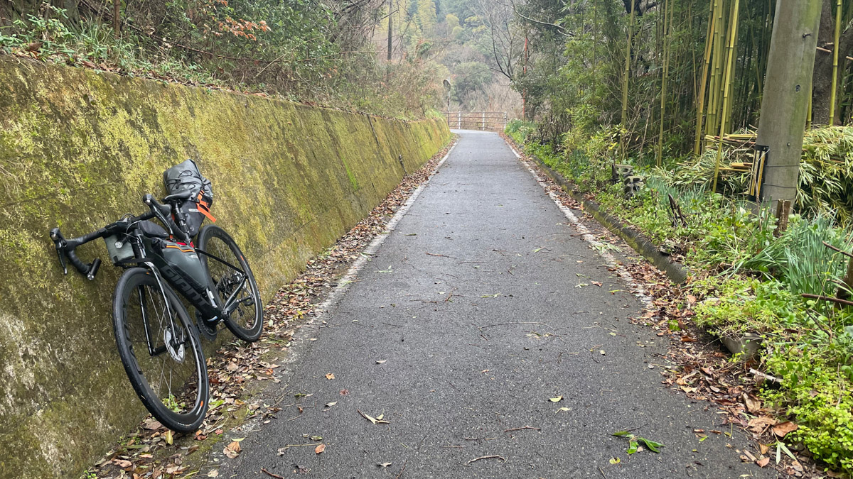 静かでクルマの居ないサイクリングロード。屋根のないところで雨に降られてしまった