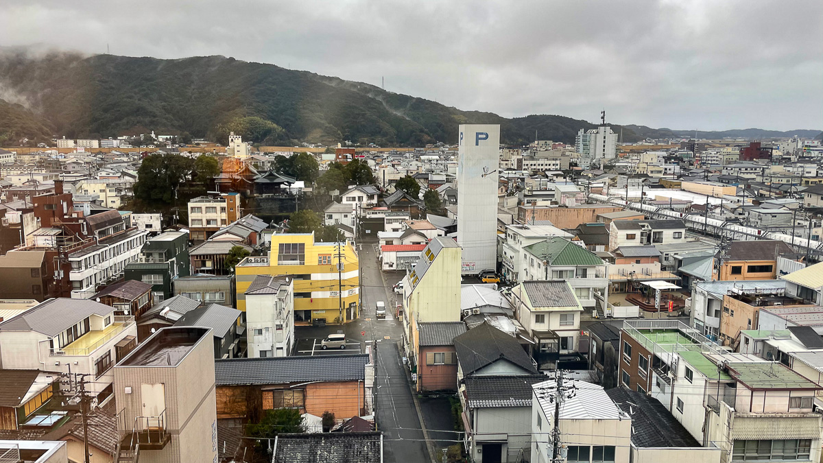 朝。ホテルの窓のカーテンを開けると、中村は雨に煙っていた